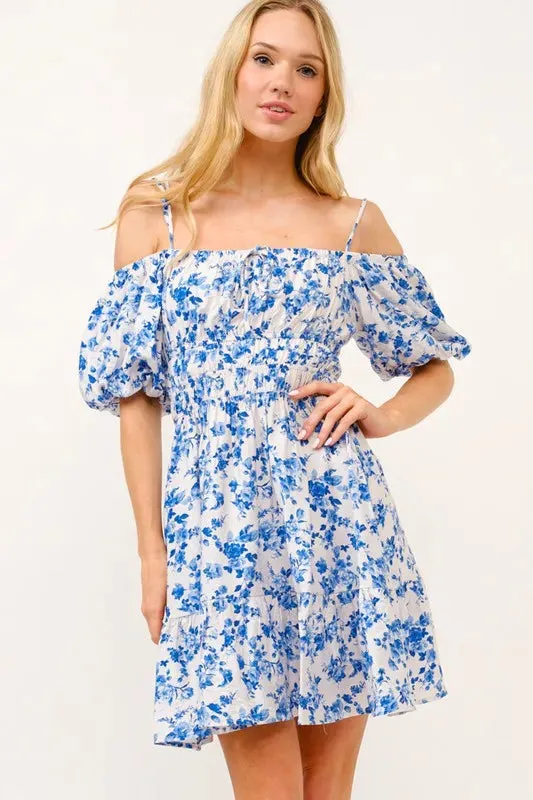 Off Shoulder Blue Bubble Sleeve Dress