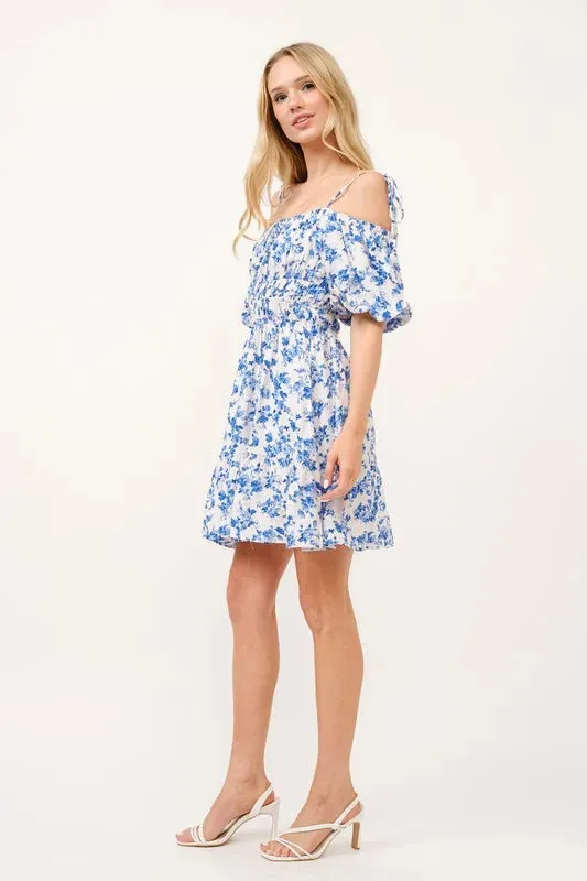 Off Shoulder Blue Bubble Sleeve Dress