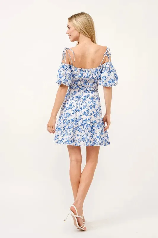Off Shoulder Blue Bubble Sleeve Dress