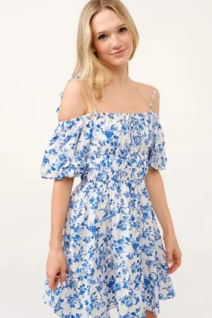 Off Shoulder Blue Bubble Sleeve Dress