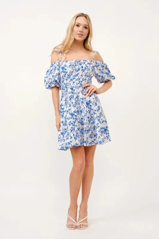 Off Shoulder Blue Bubble Sleeve Dress