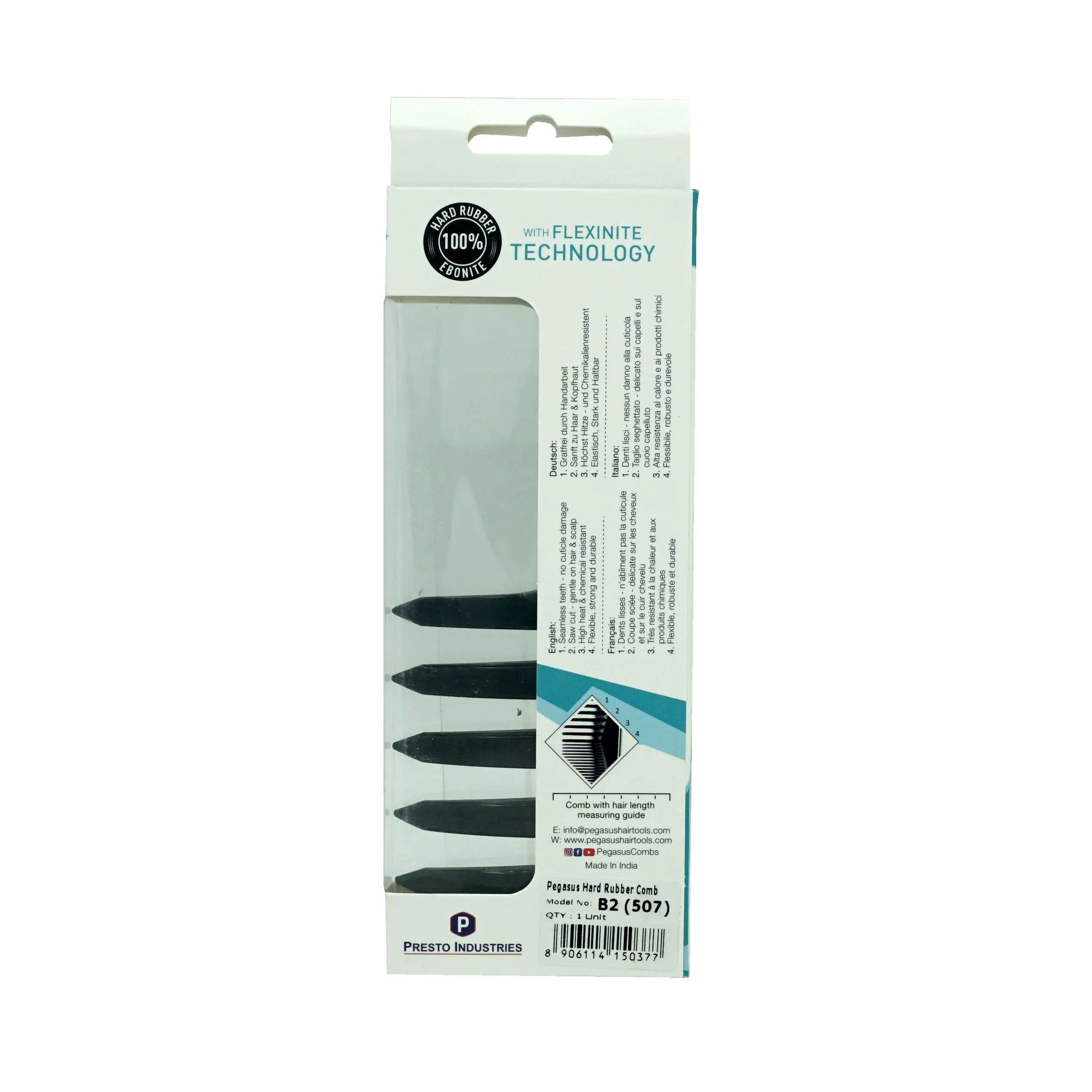 Pegasus 507_b2, 6.5in Curved Detangling Handled Styling Rake Comb, Seamless, Smooth Edges, Anti Static, Heat and Chemically Resistant, Wet Hair, Everyday Grooming Comb | Peines de goma dura - Black
