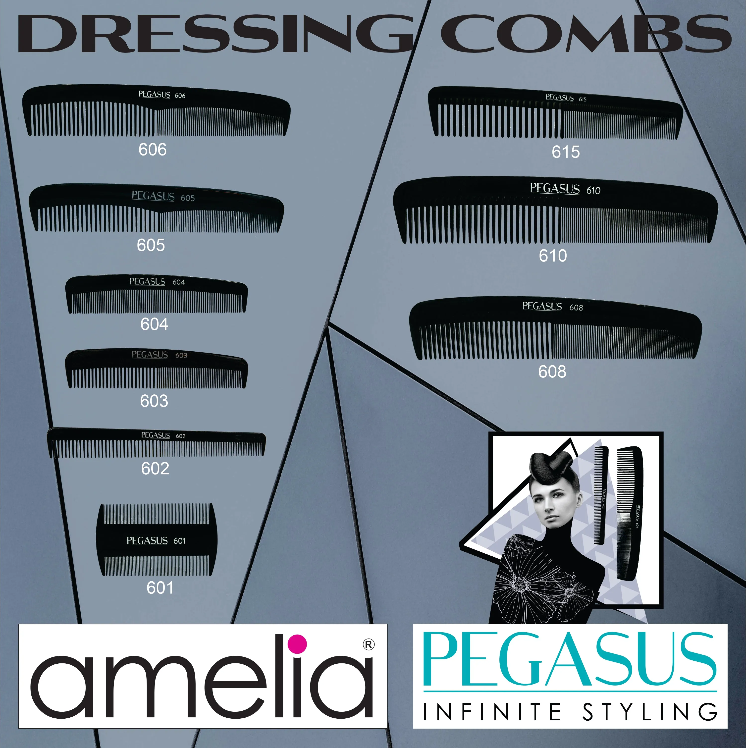 Pegasus 606, 7in Styling Comb with Inch Marks, Handmade, Seamless, Smooth Edges, Anti Static, Heat and Chemically Resistant, Portable Pocket Purse Dresser Comb | Peines de goma dura - Black
