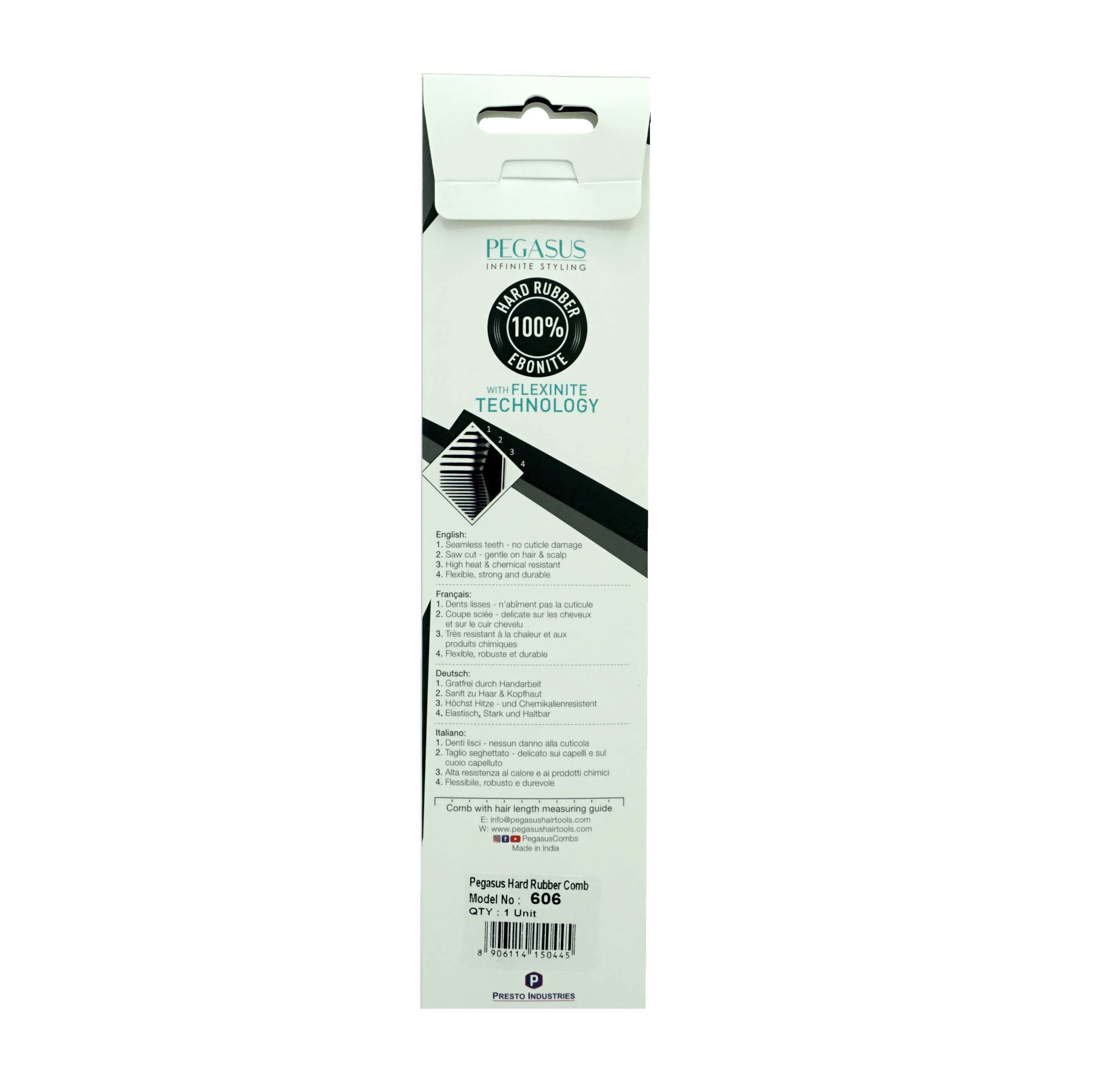 Pegasus 606, 7in Styling Comb with Inch Marks, Handmade, Seamless, Smooth Edges, Anti Static, Heat and Chemically Resistant, Portable Pocket Purse Dresser Comb | Peines de goma dura - Black