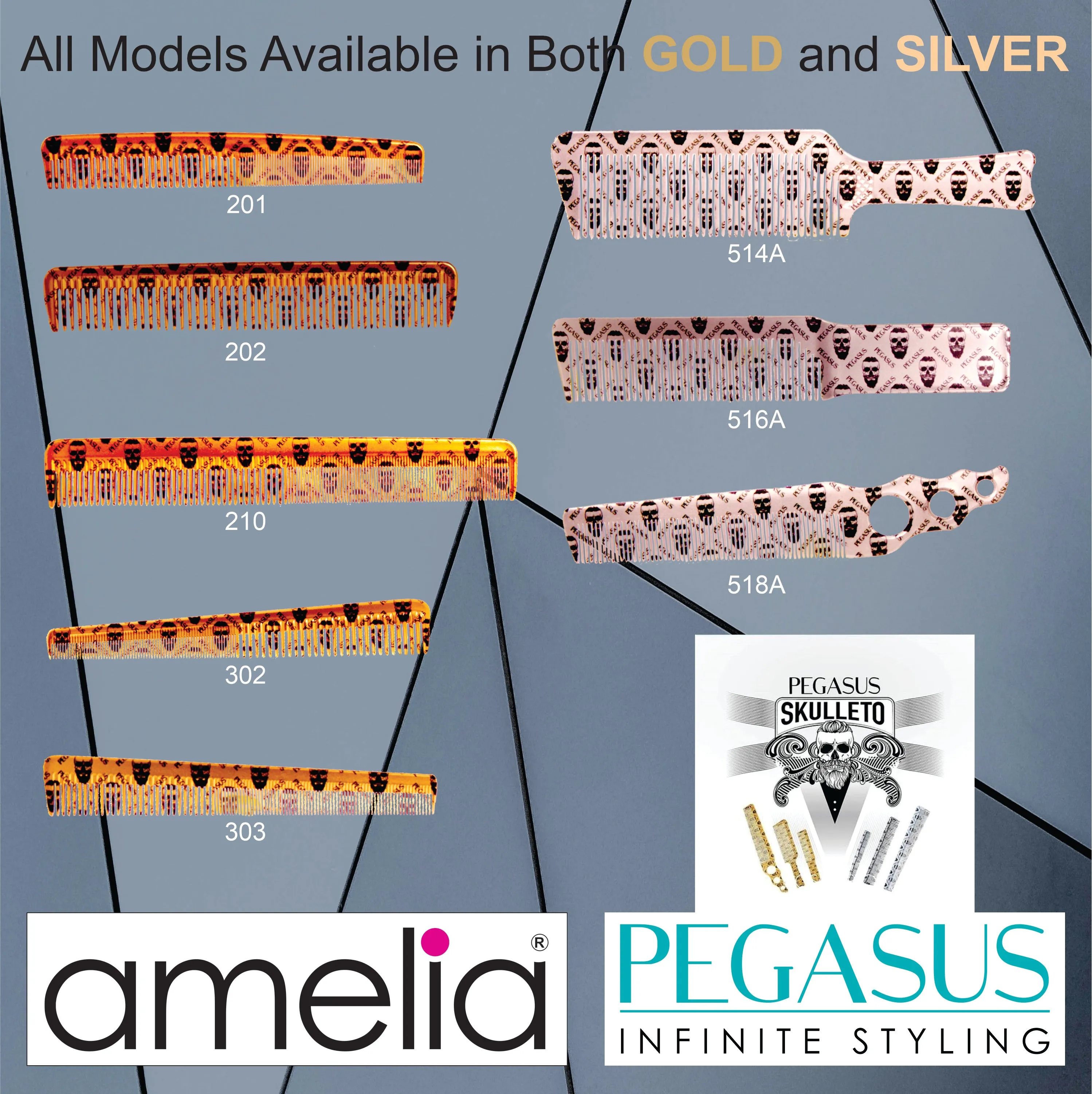 Pegasus Skulleto 210, 8in Hard Rubber  Cutting Comb, Handmade, Seamless, Smooth Edges, Anti Static, Heat and Chemically Resistant, Wet Hair, Everyday Grooming Comb | Peines de goma dura - Gold