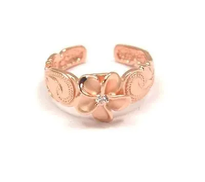 PINK ROSE SILVER 925 HAWAIIAN PLUMERIA FLOWER HAND ENGRAVED SCROLL TOE RING
