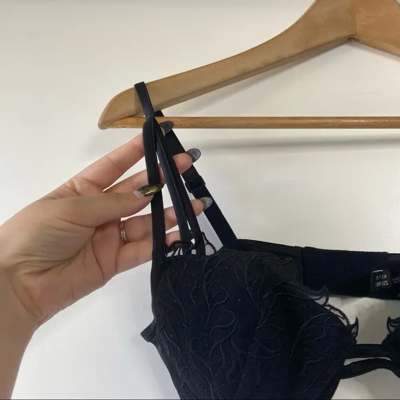 R Crescentini lace leaf padded black strappy bra