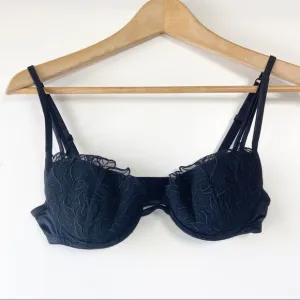 R Crescentini lace leaf padded black strappy bra