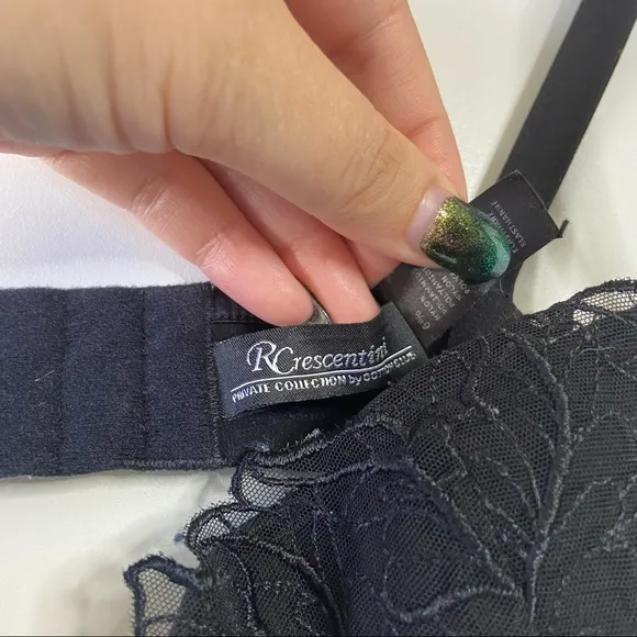 R Crescentini lace leaf padded black strappy bra