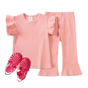 Ribbed Ruffle Co-Ord Set - Pink