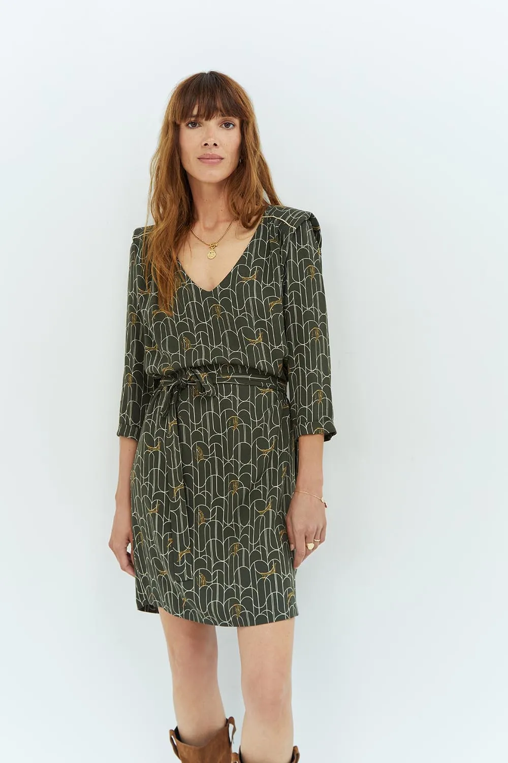 ROTARY - Robe kaki à imprimé félin art déco en viscose