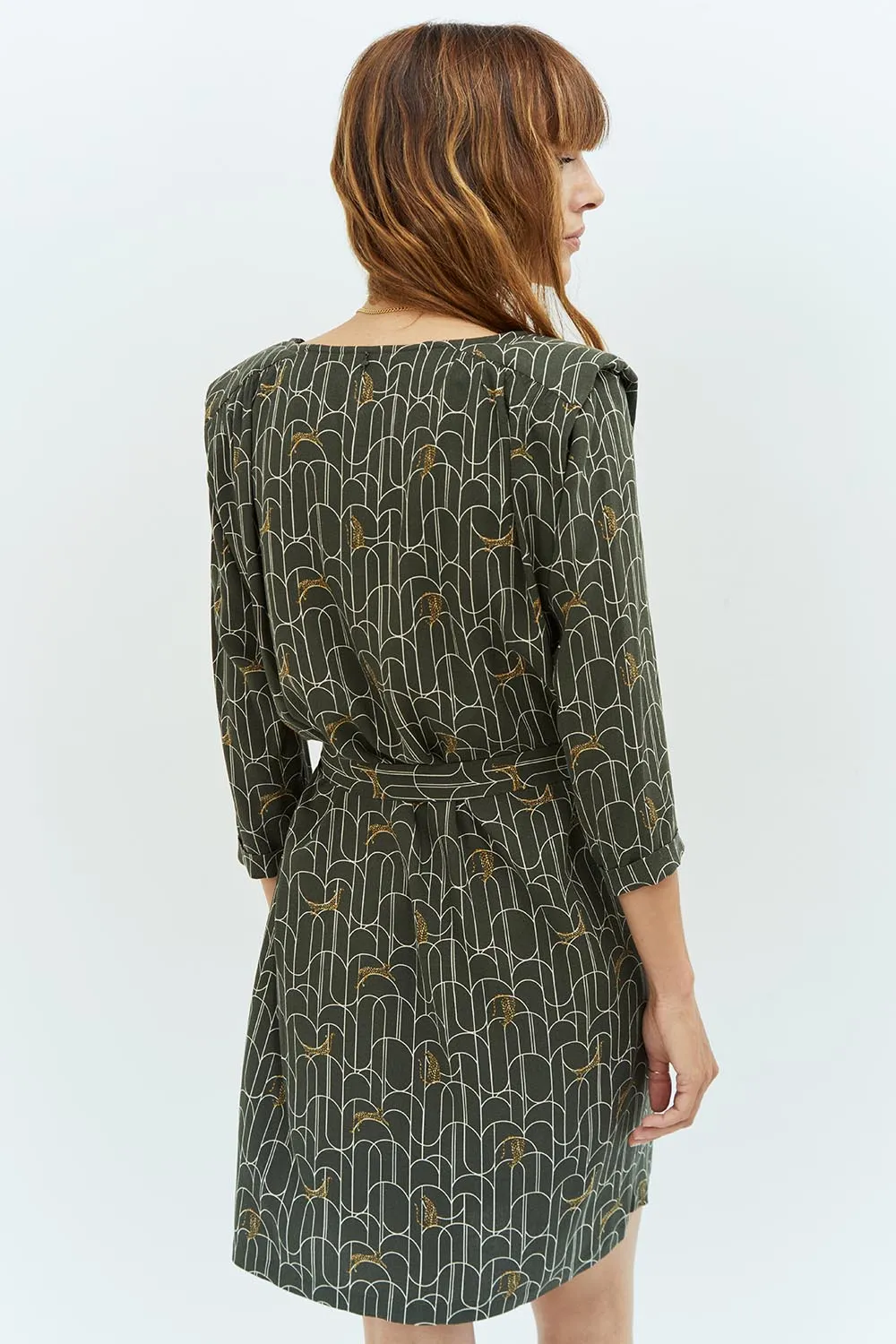 ROTARY - Robe kaki à imprimé félin art déco en viscose