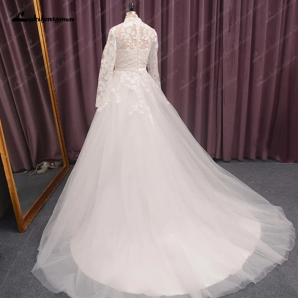 Roycebridal High Neck Lace Wedding Dress Women  Longe Sleeves Appliques Beach Bridal Gown vestido de boda corte sirena
