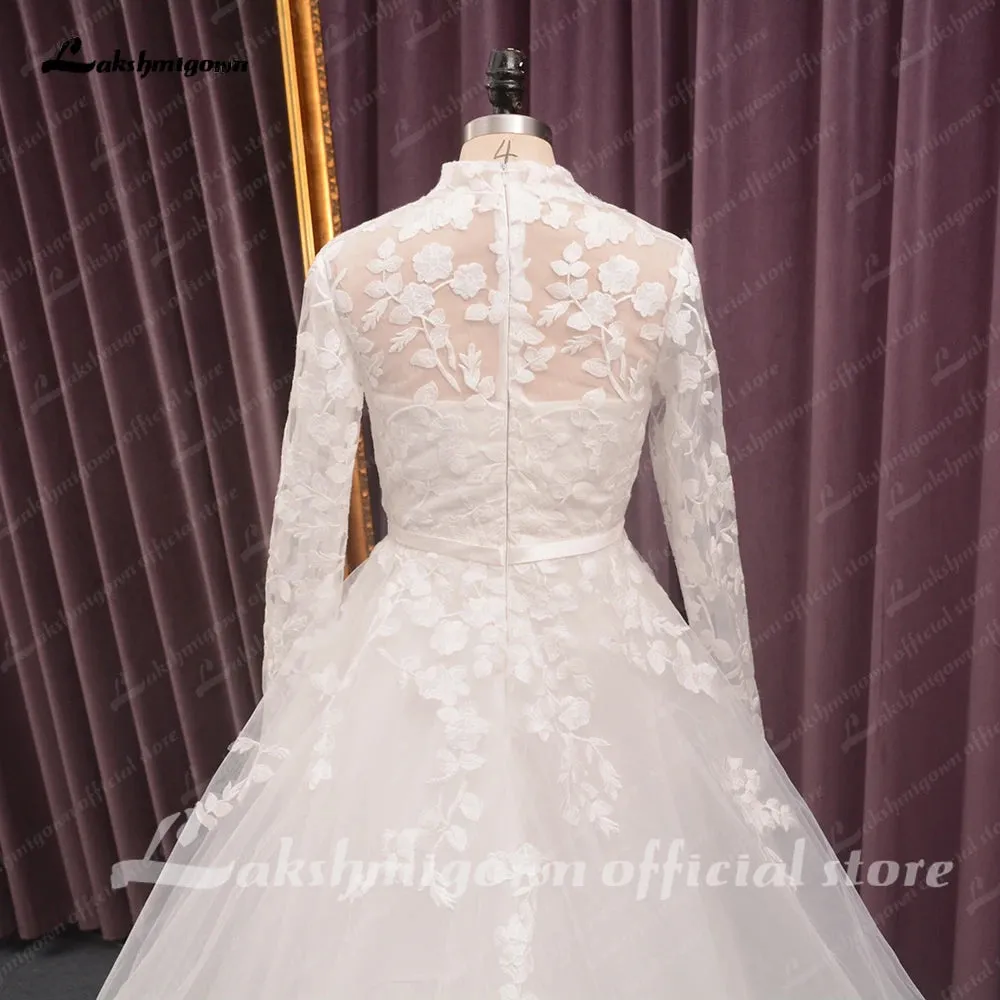 Roycebridal High Neck Lace Wedding Dress Women  Longe Sleeves Appliques Beach Bridal Gown vestido de boda corte sirena