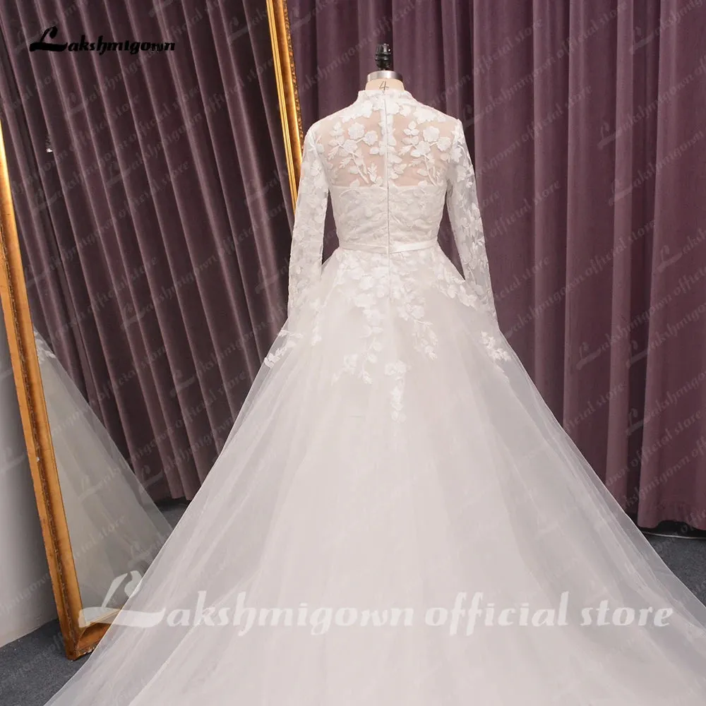 Roycebridal High Neck Lace Wedding Dress Women  Longe Sleeves Appliques Beach Bridal Gown vestido de boda corte sirena