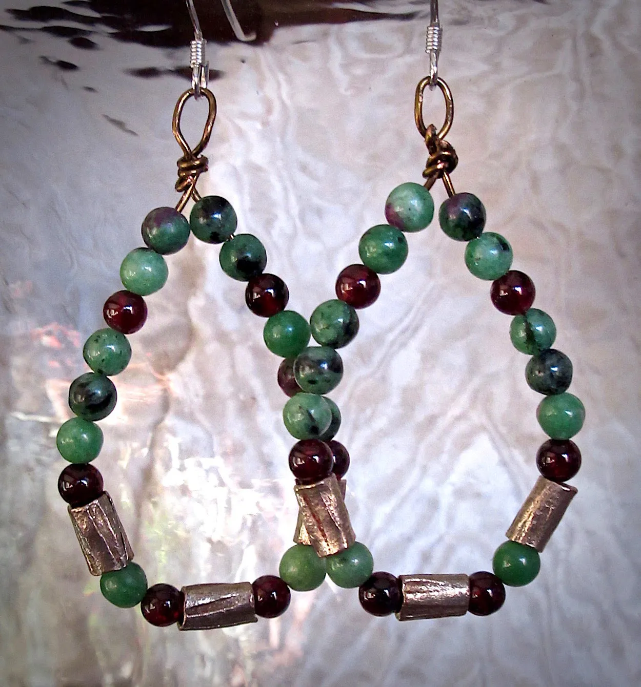 Ruby Zoisite, Garnet and Silver Loop Earrings