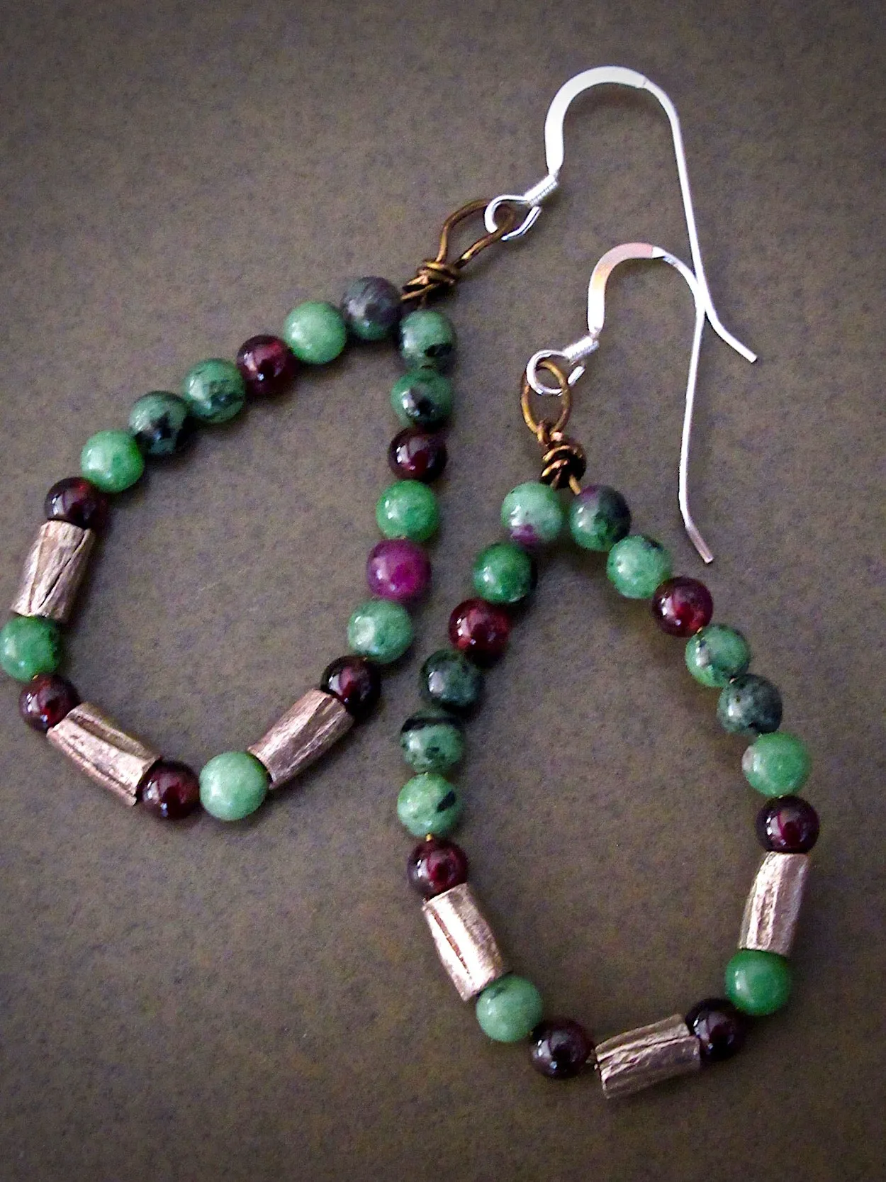 Ruby Zoisite, Garnet and Silver Loop Earrings