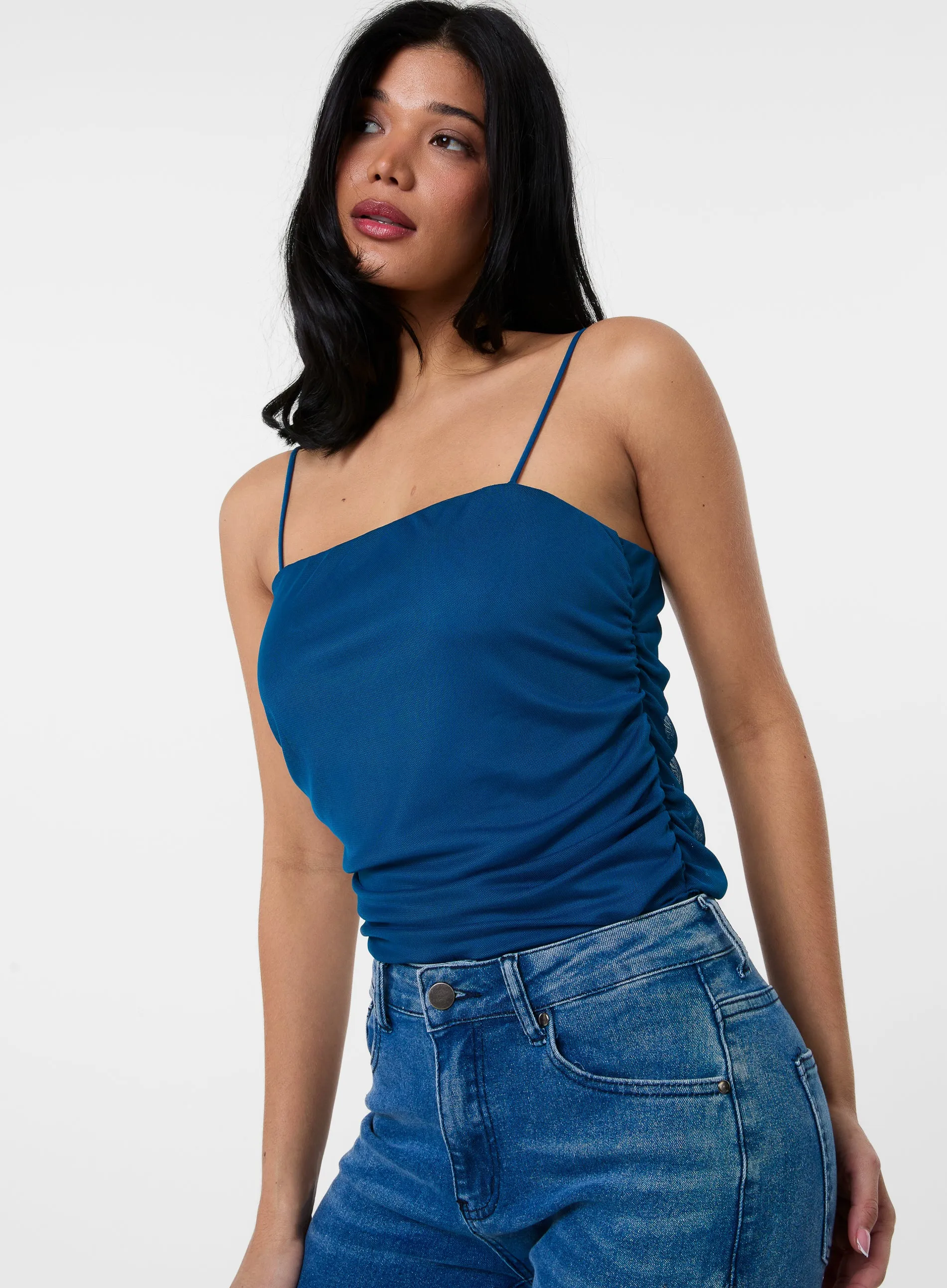 Ruched Mesh Strappy Bodysuit