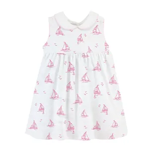 Sailing Boats Pink Printed Dress with Round Collar