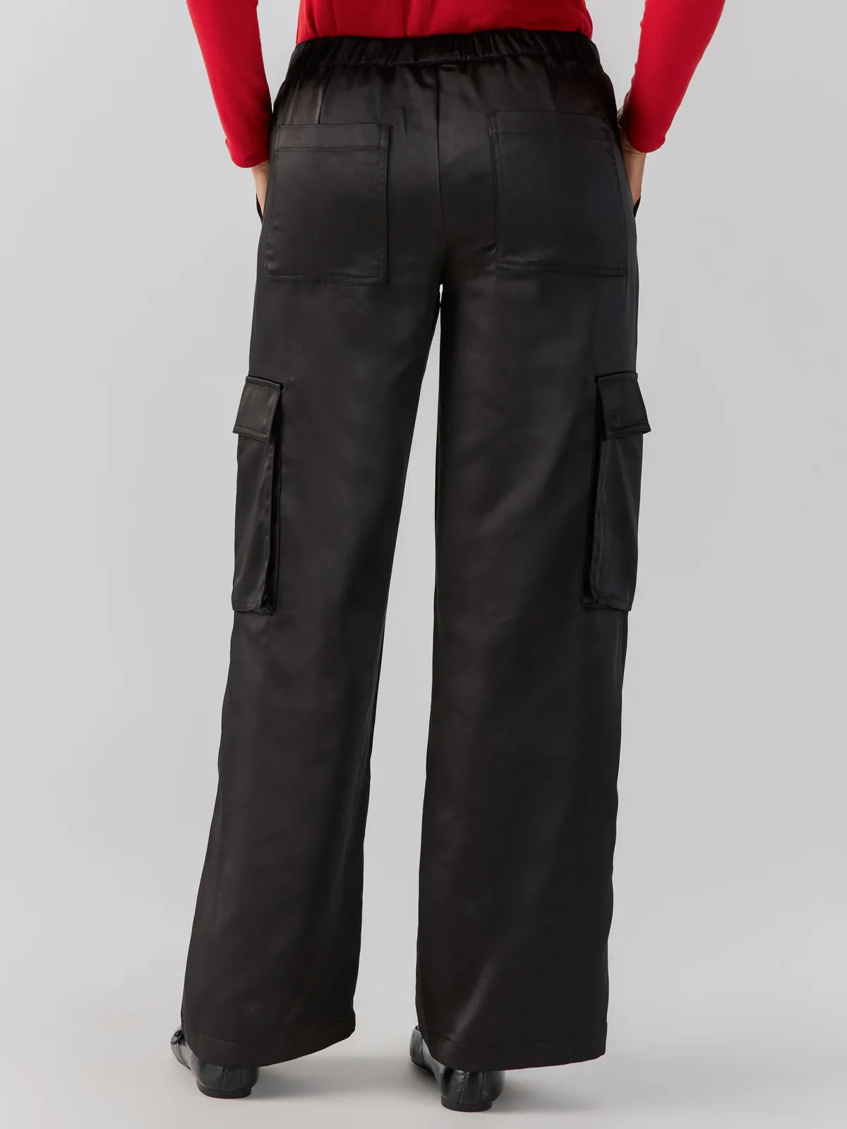 SATIN CARGO STANDARD RISE WIDE LEG PANT - BLACK