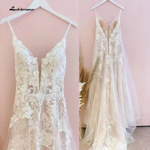 Sexy Lace Wedding Dress V-Neck Open Back Boho Wedding Gown Simple Spaghetti Straps Blush pink Beach Bridal Dress Robe De Mariee