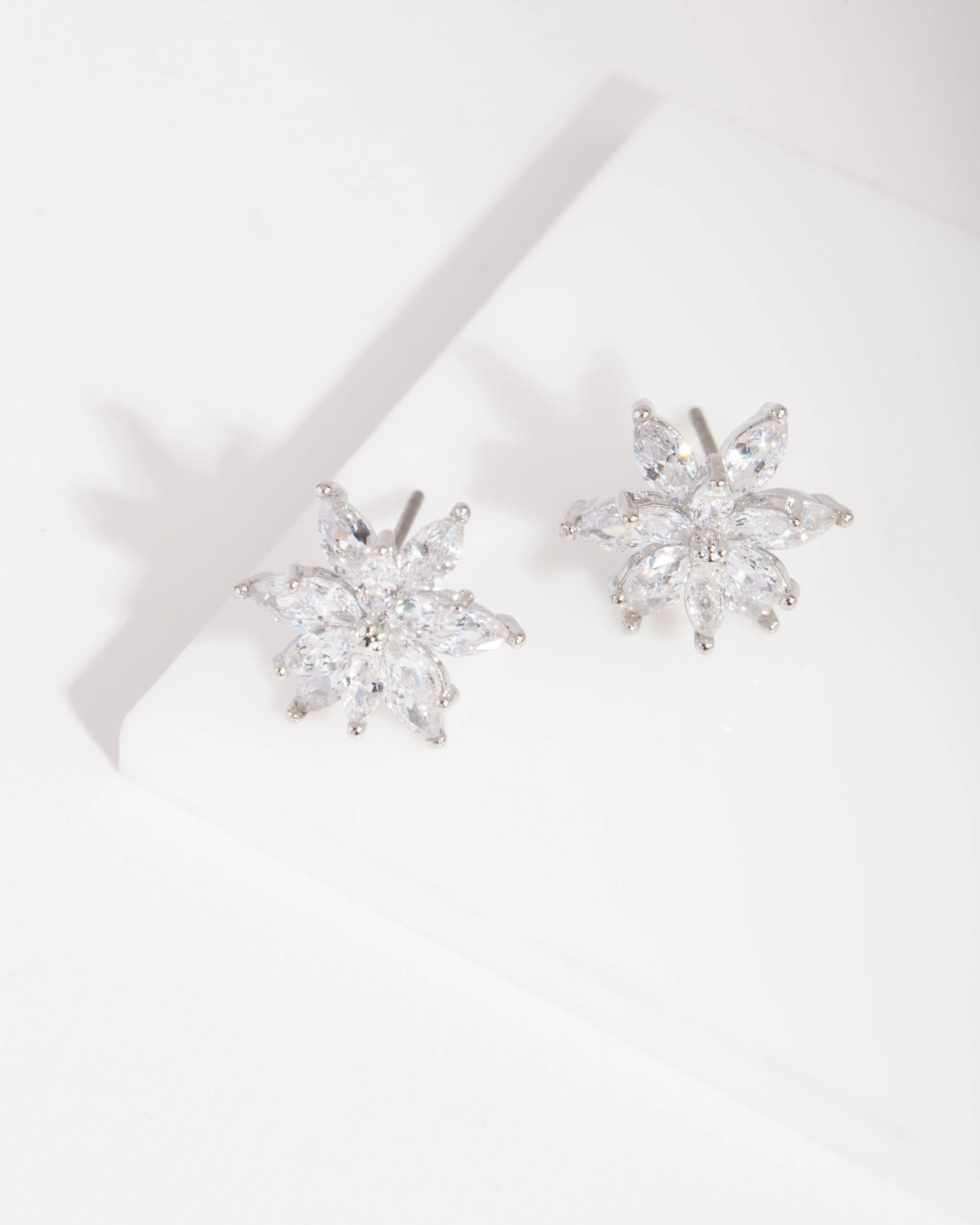 Silver Diamond Simulant Elegant Flower Stud Earring