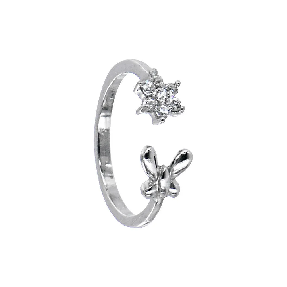 Sterling Silver 925 Cubic Zirconia Flower Butterfly Toe Ring