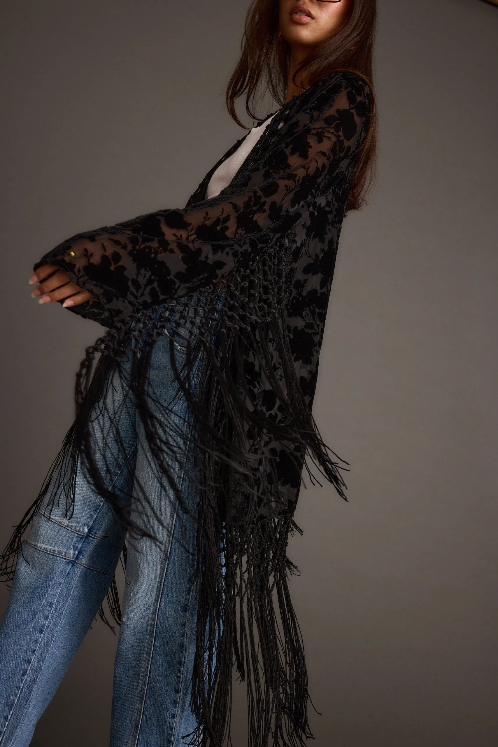 Stone Black Velvet Burnout Kimono