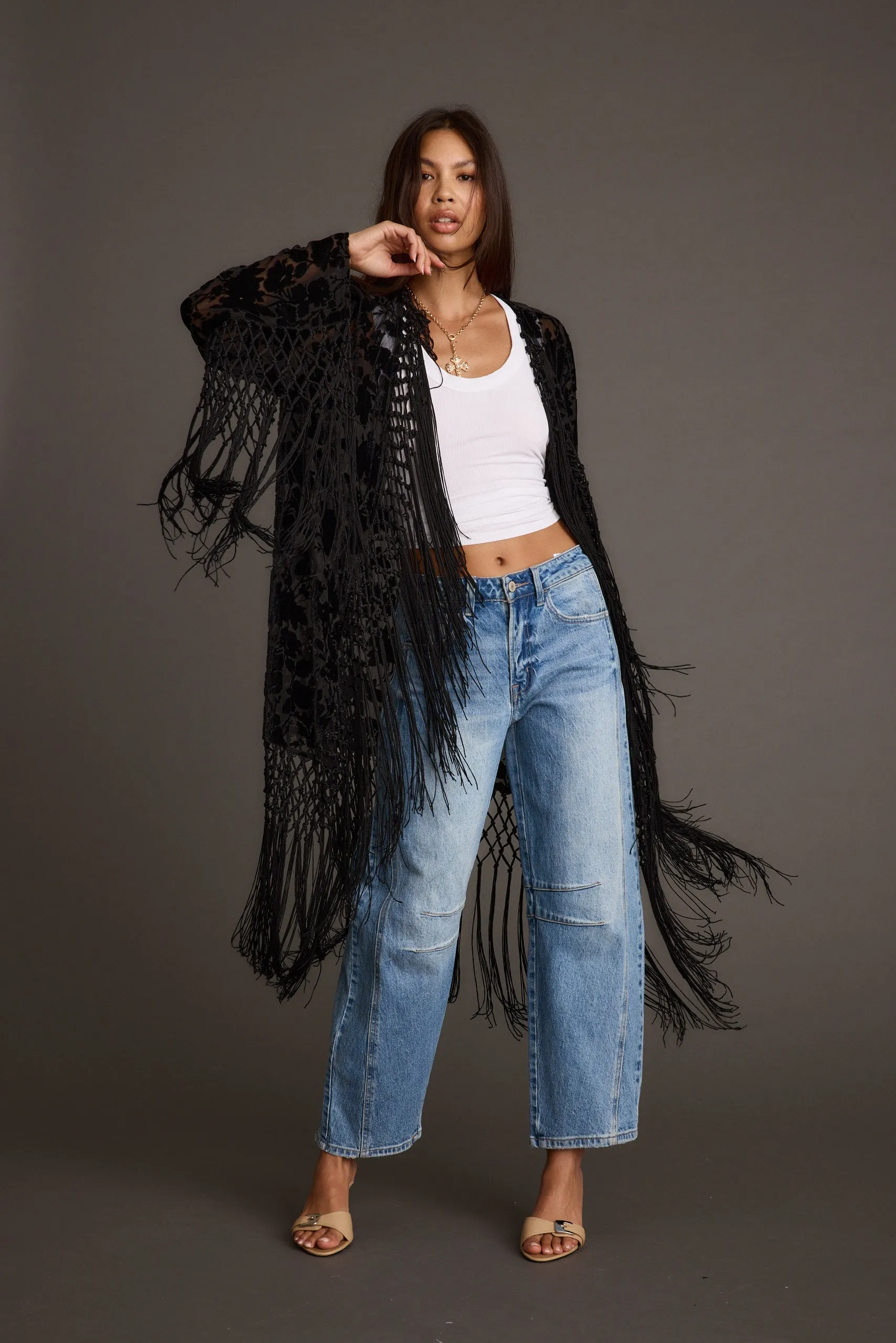 Stone Black Velvet Burnout Kimono