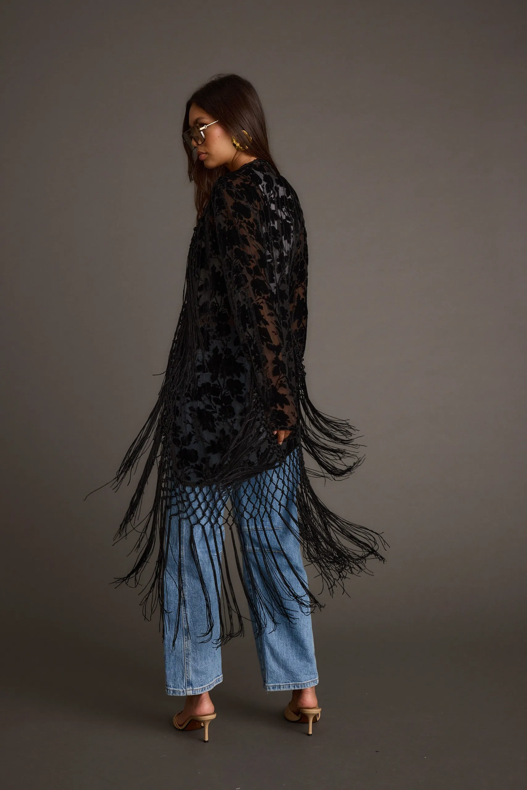 Stone Black Velvet Burnout Kimono