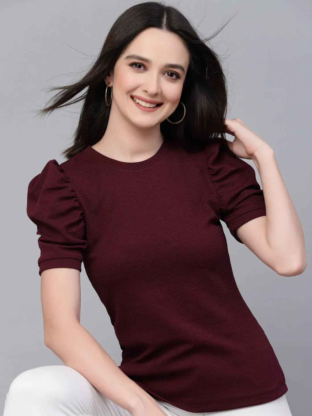 Style Quotient Women Maroon Poly Knit Smart Casual Top