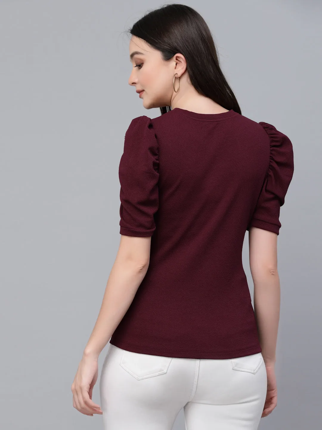 Style Quotient Women Maroon Poly Knit Smart Casual Top