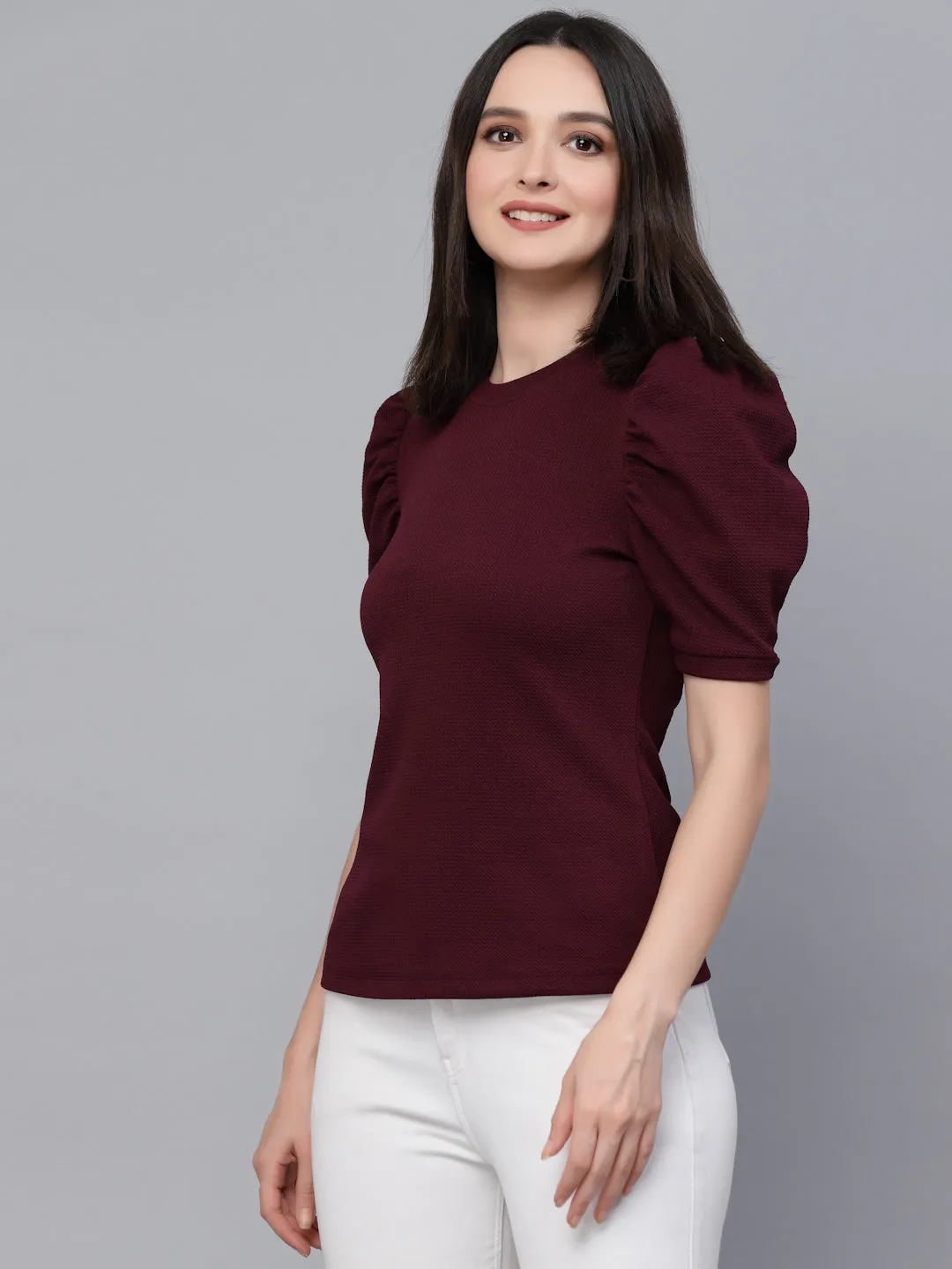 Style Quotient Women Maroon Poly Knit Smart Casual Top
