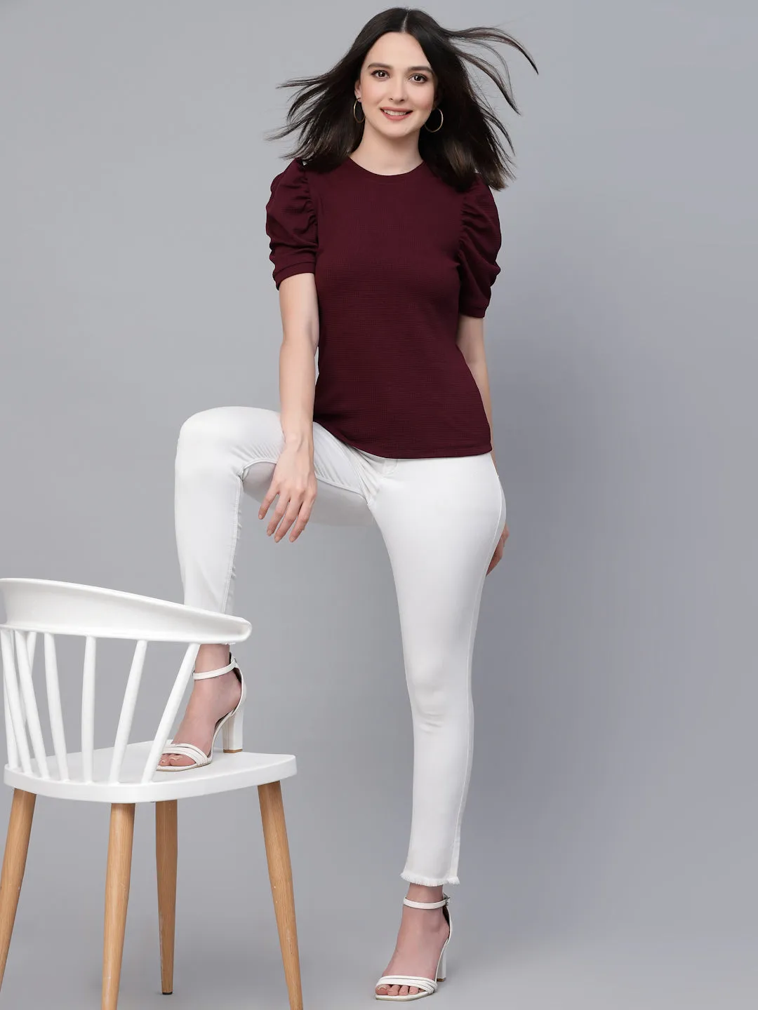 Style Quotient Women Maroon Poly Knit Smart Casual Top