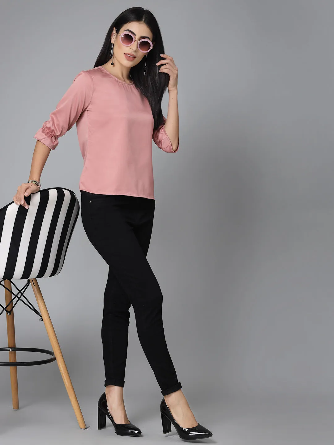 Style Quotient Women Solid Nude Satin Smart Casual Top