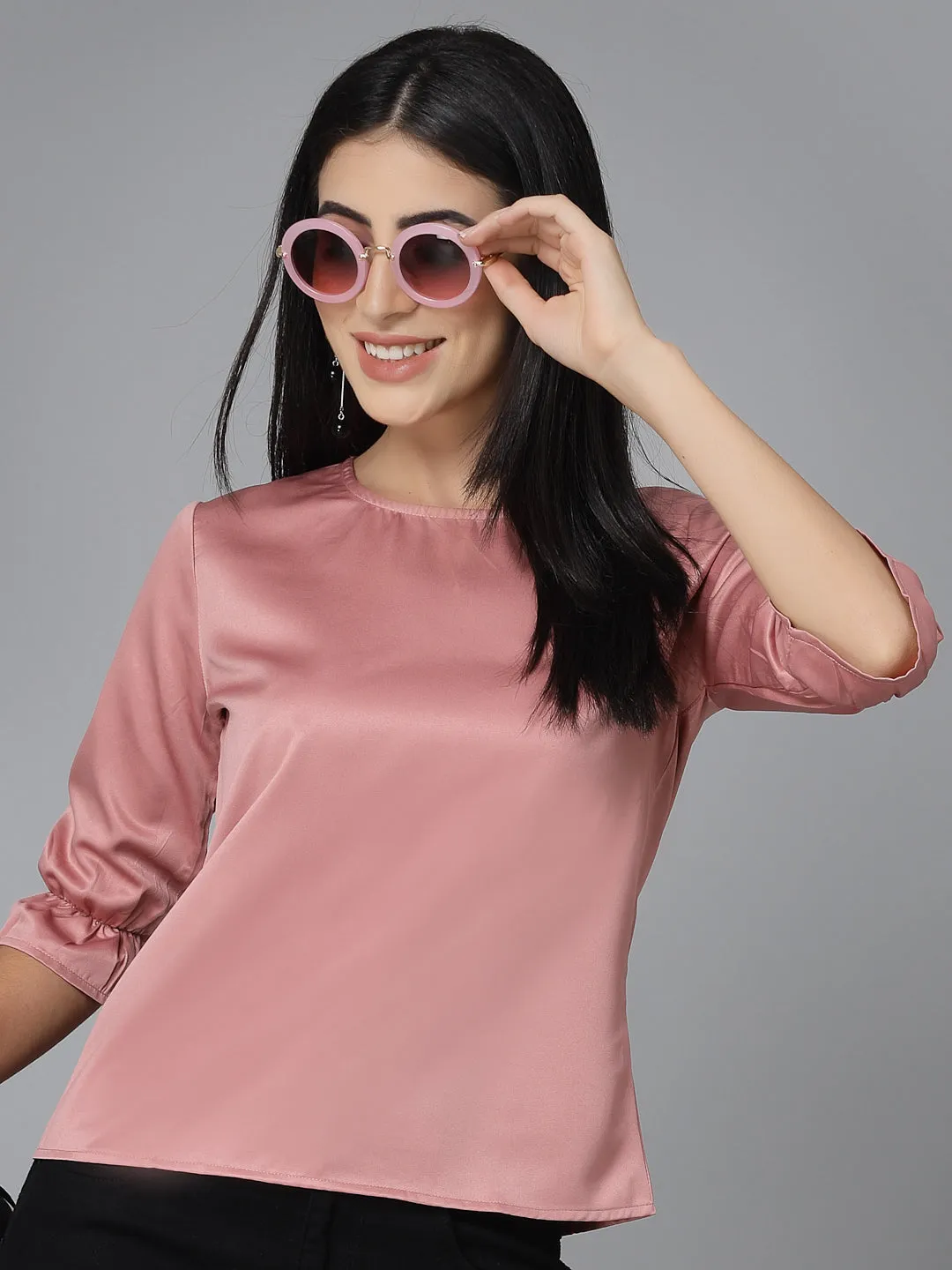 Style Quotient Women Solid Nude Satin Smart Casual Top
