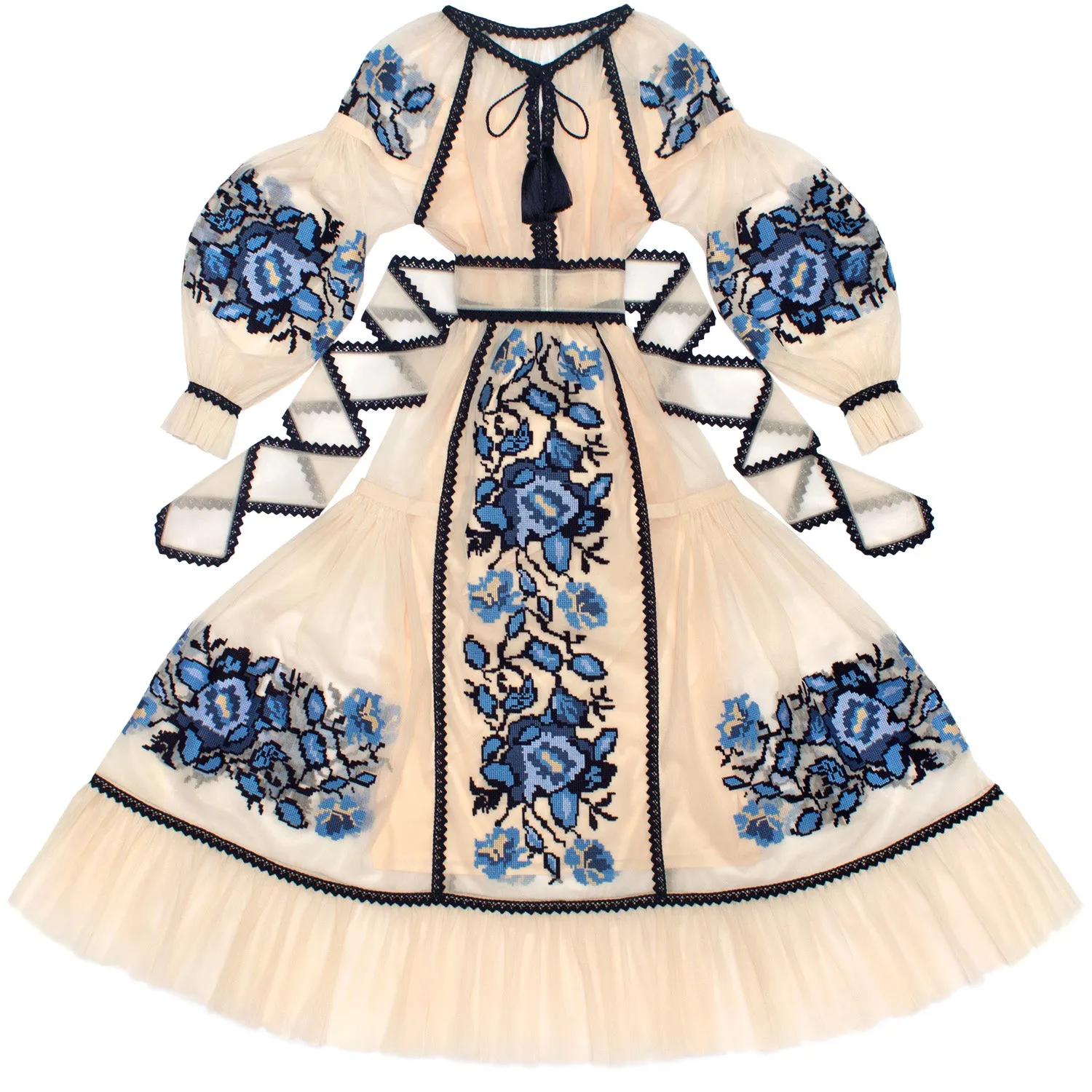 Tulle kaftan with embroidery and lace