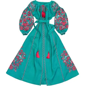 Turquoise kaftan with bright embroidery