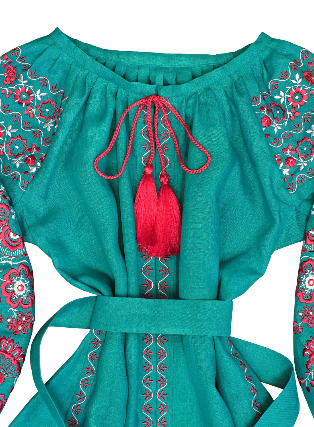 Turquoise kaftan with bright embroidery