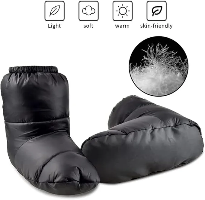 Ultralight Winter Duck Down Booties Warm Socks Slippers Warm Soft Cozy Water-Resistant for Camping Backpacking Indoor Down Filled Slipper Boots with Storage Bag