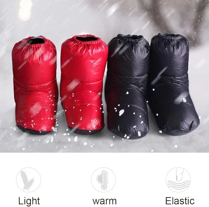 Ultralight Winter Duck Down Booties Warm Socks Slippers Warm Soft Cozy Water-Resistant for Camping Backpacking Indoor Down Filled Slipper Boots with Storage Bag