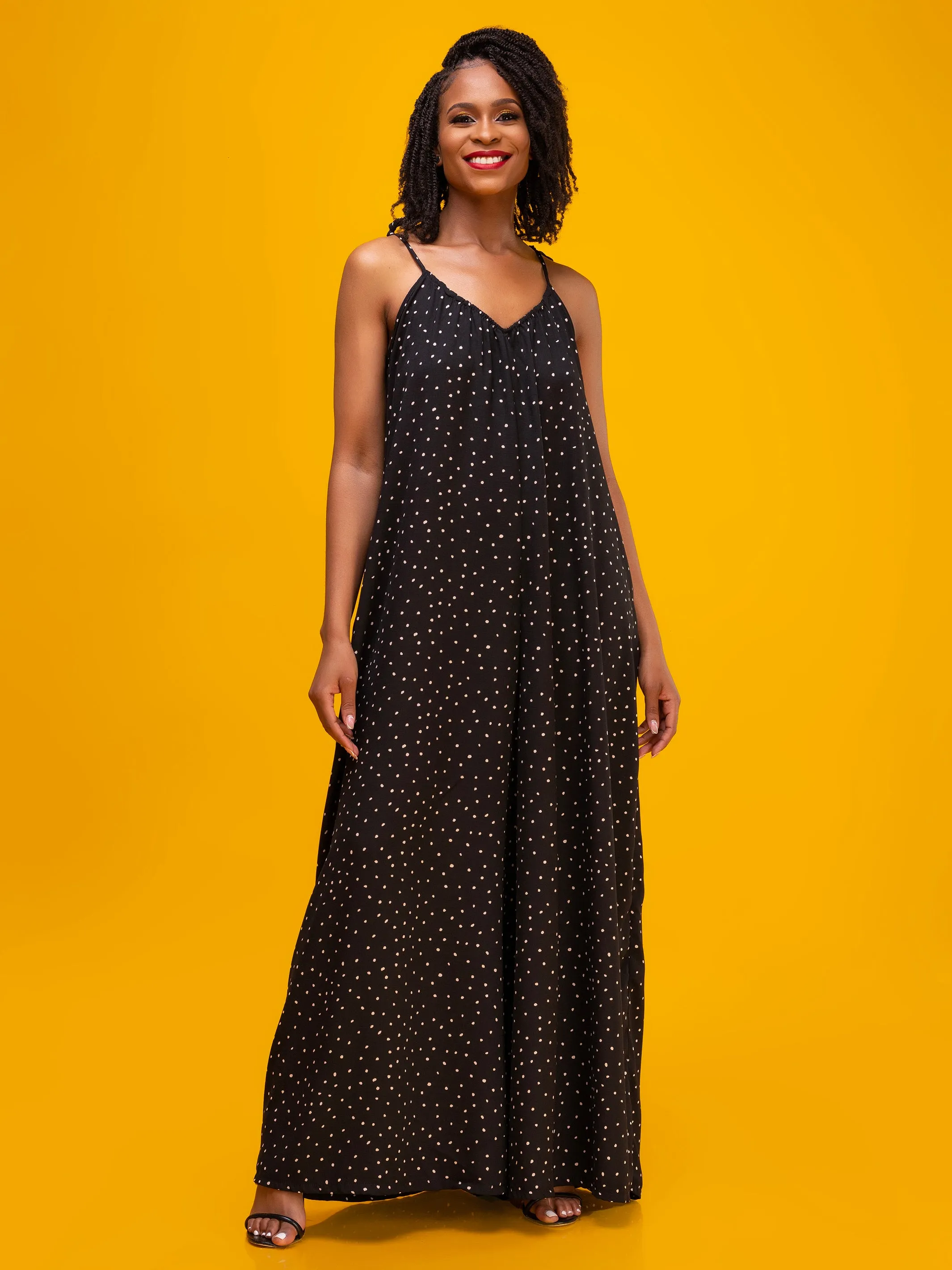 Vivo Diani Strappy Jumpsuit - Black Polka Print