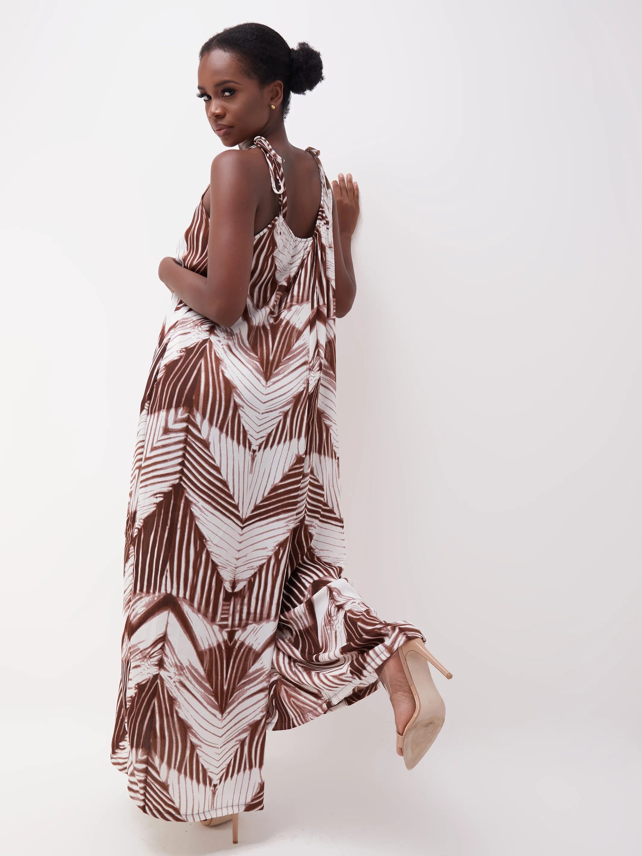Vivo Diani Strappy Jumpsuit - Brown / White Print