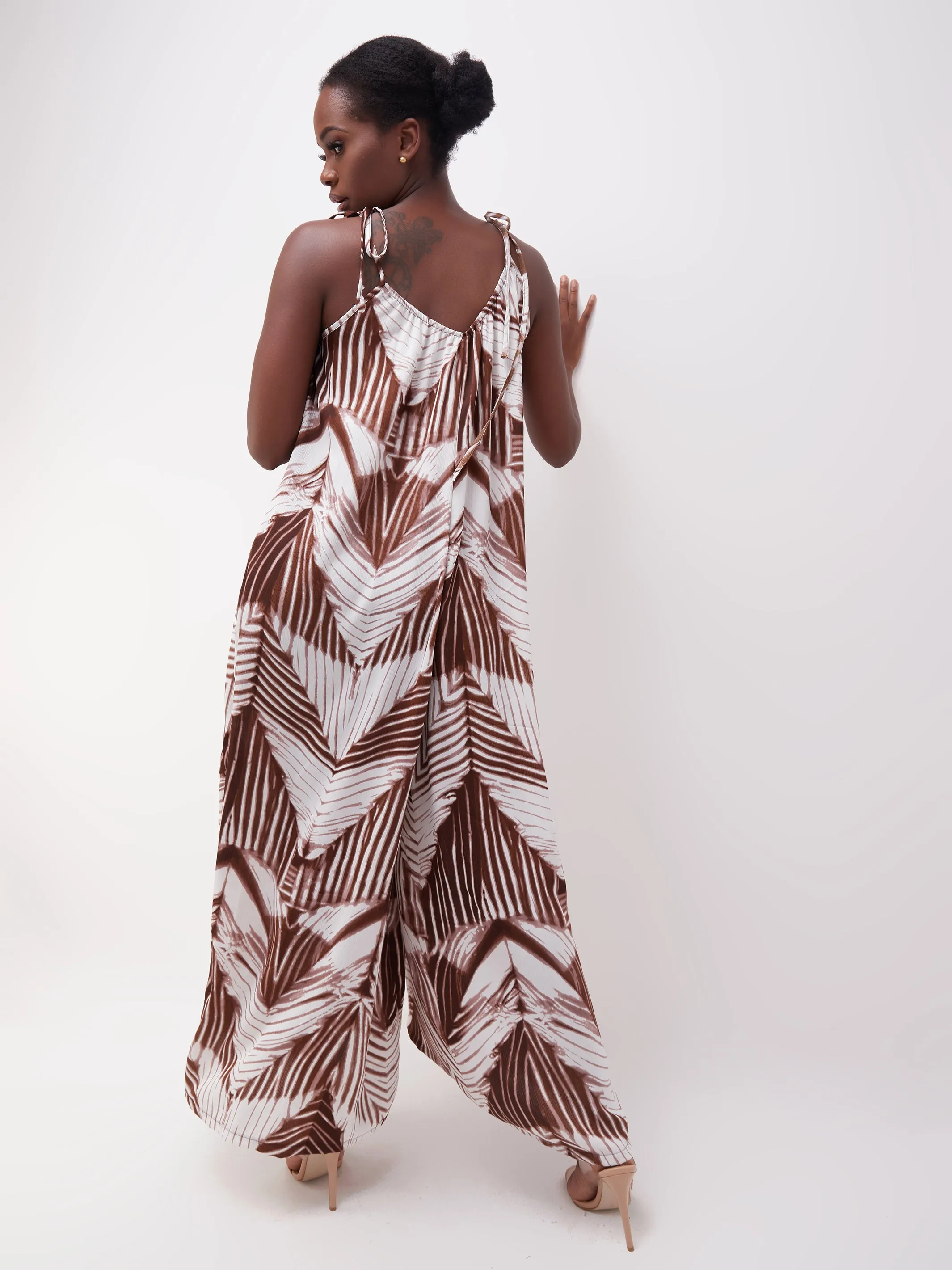 Vivo Diani Strappy Jumpsuit - Brown / White Print