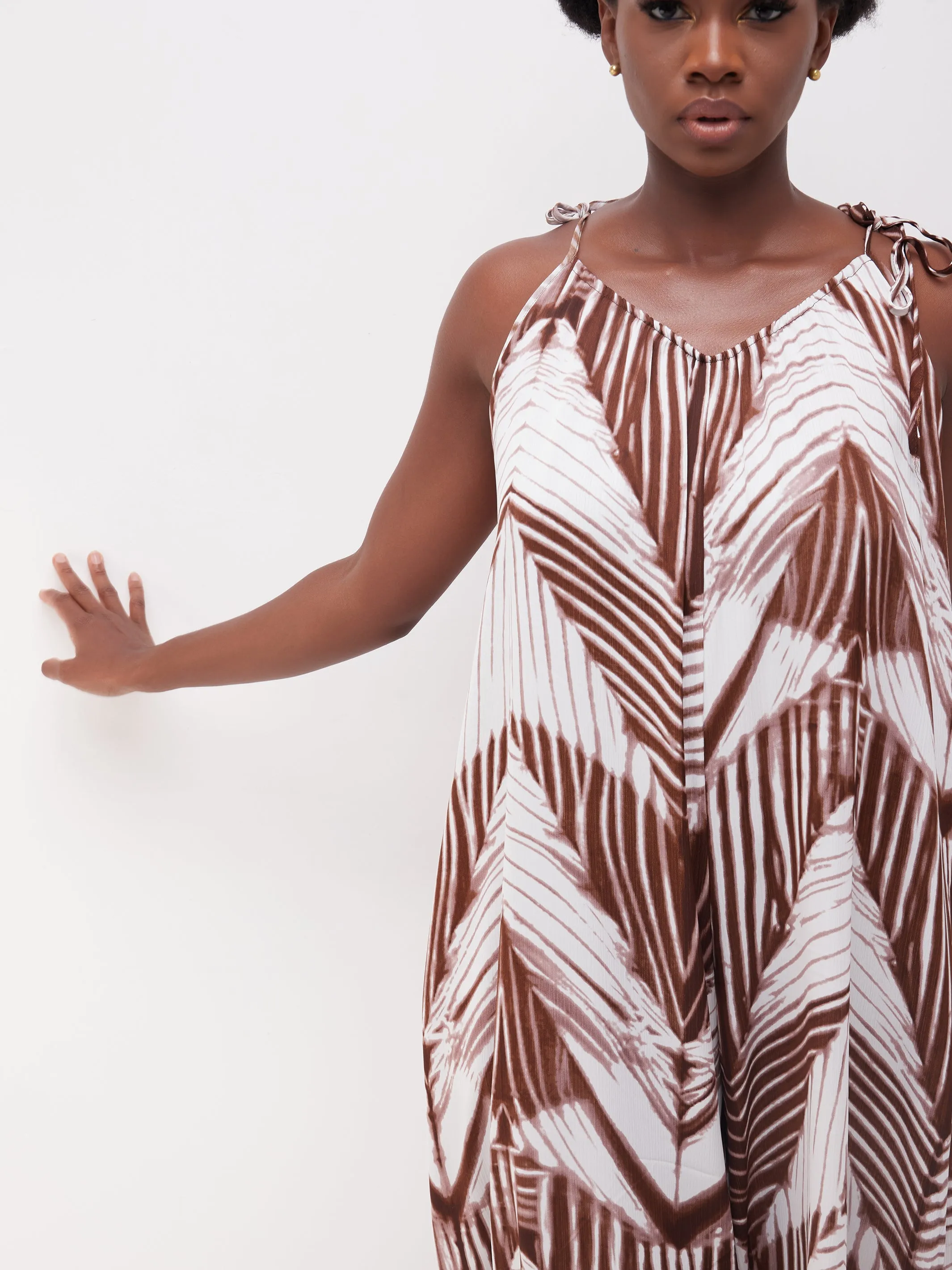 Vivo Diani Strappy Jumpsuit - Brown / White Print