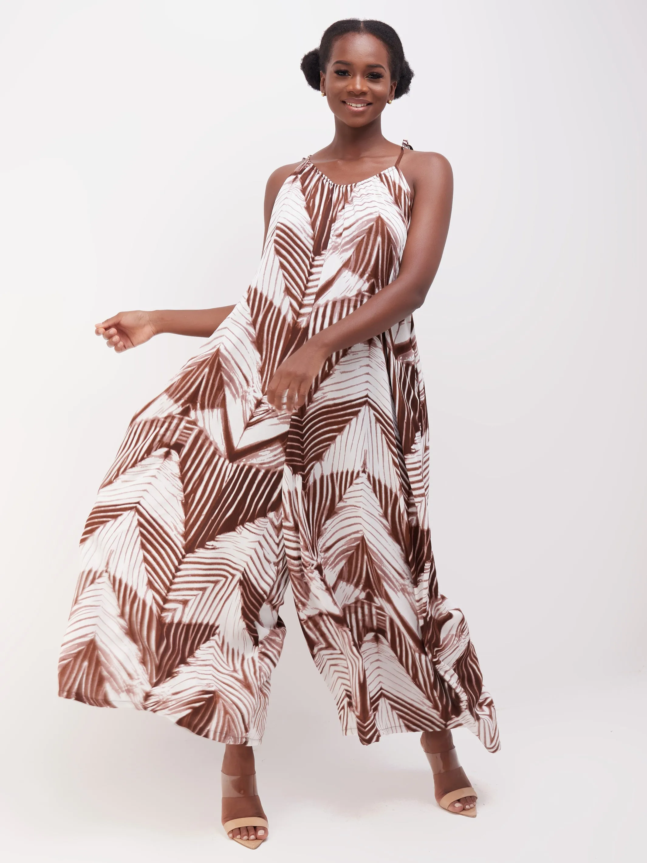 Vivo Diani Strappy Jumpsuit - Brown / White Print