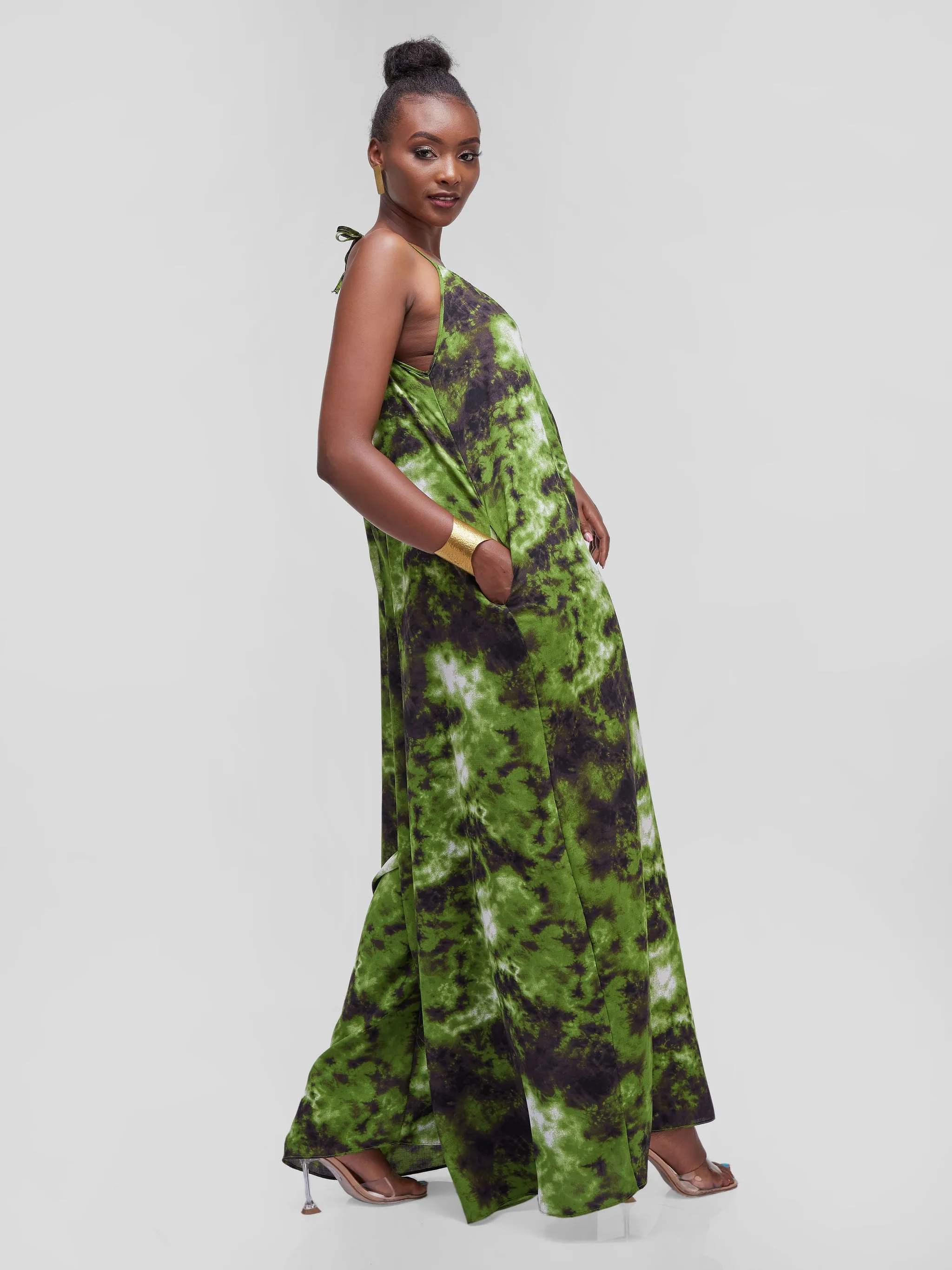 Vivo Diani Strappy Jumpsuit - Green Tie & Dye Print