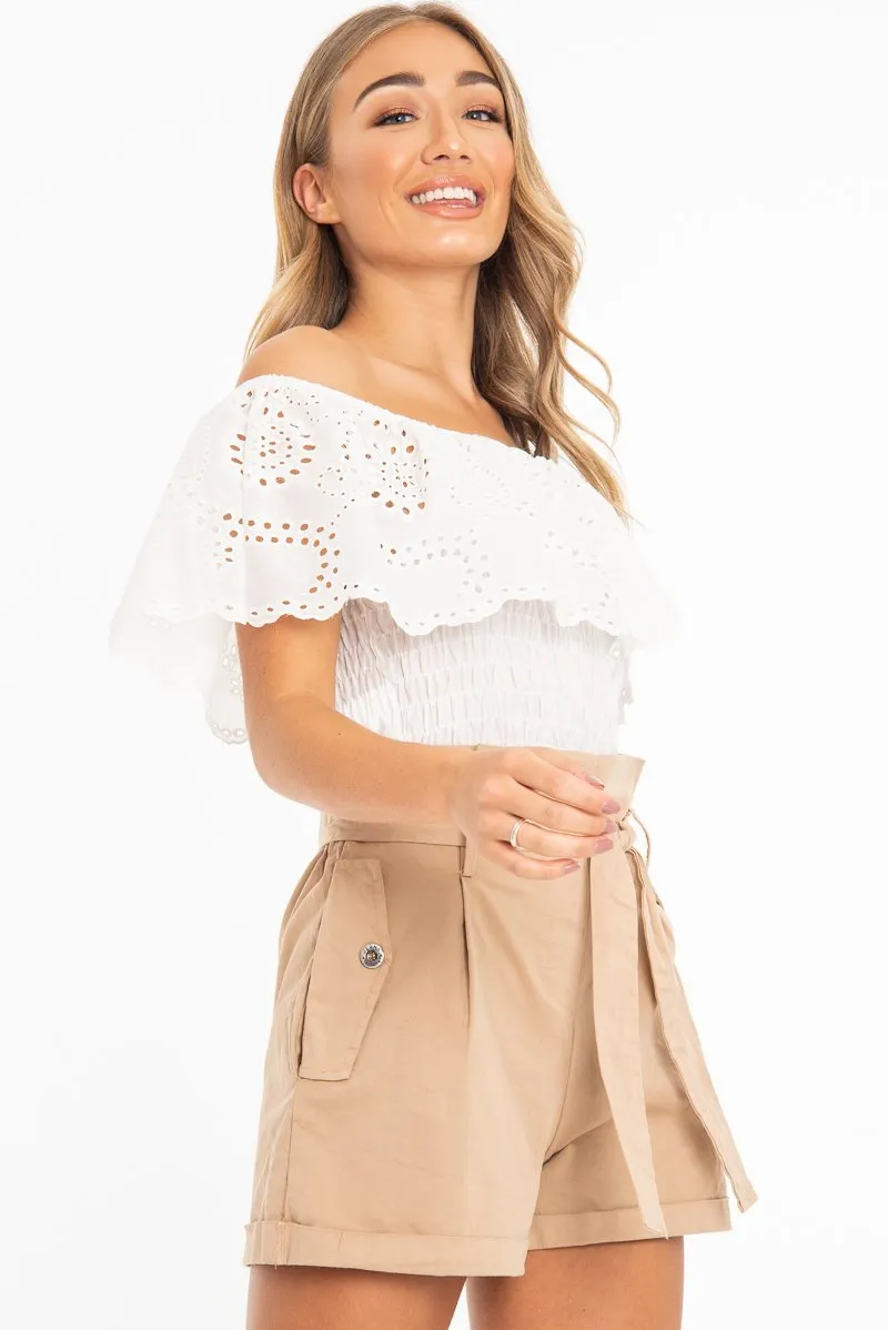 White Broderie Shirred Waist Bardot Top - Sophia