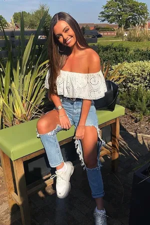 White Broderie Shirred Waist Bardot Top - Sophia