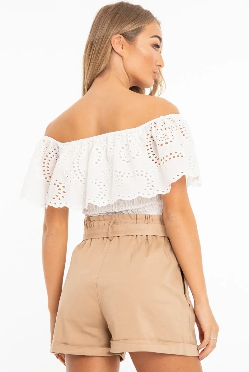 White Broderie Shirred Waist Bardot Top - Sophia